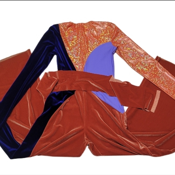 Clio 70s Vintage Patchwork Blue Burnt Orange Velvet Metallic Wide Leg Jumpsuit - Picture 7 of 10